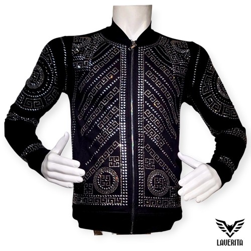 New Mens Black Slim Fit Silver Rhinestones Studded Bomber Jacket ...