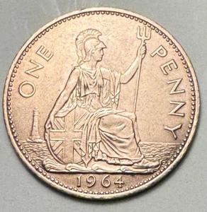1964 Great Britain GB Penny Elizabeth Large Bronze Unc Coin KM# 897. Bx11.47 - Picture 1 of 2