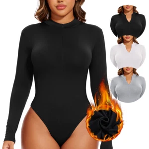 Women's Winter Fleece Lined Mock Turtle Neck Long Sleeve Bodysuit Leotard Tops - Picture 1 of 19