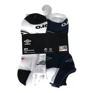 Umbro - Boys No Show Socks (6 Pairs) - White-Black-Blue - Shoe Size 3-9 - Picture 1 of 7