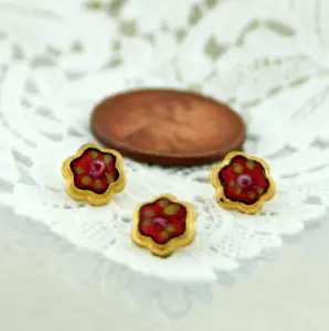 Set of 3 Antique Gold Diminutive Size Cranberry Red Enamel Pink Rose Buttons - Picture 1 of 10
