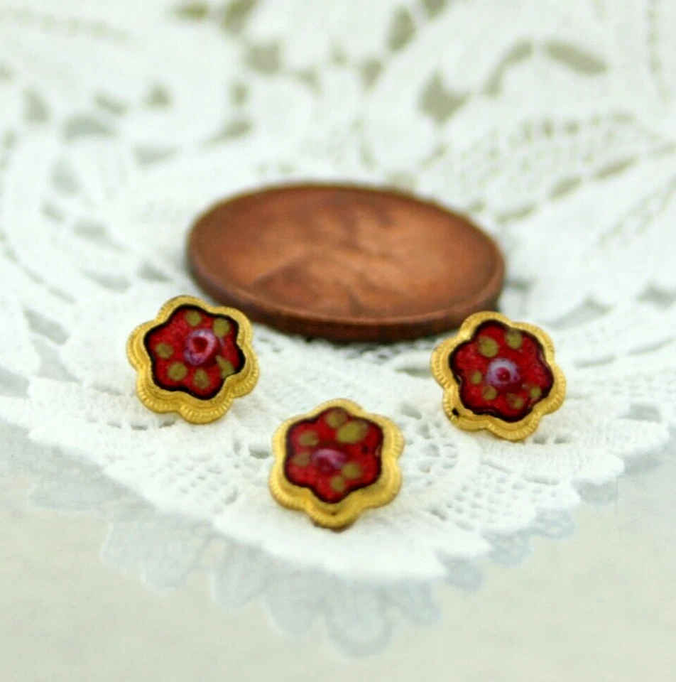 Set of 3 Antique Gold Diminutive Size Cranberry Red Enamel Pink Rose Buttons  - Image 1 of 4