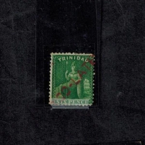 Trinidad 1868-80 SG 72w 6d Yellow Green WMK Inverted TOO LATE OVPT Red P 12 1/2 - Picture 1 of 2