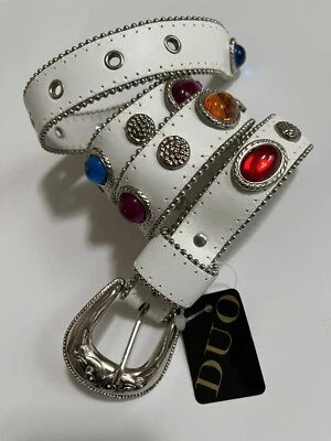 Vtg Belt White Leather Mounted Plastic Gems 80s Buckle Silver Tone 24”- 28 1/2” - Image 1 of 4