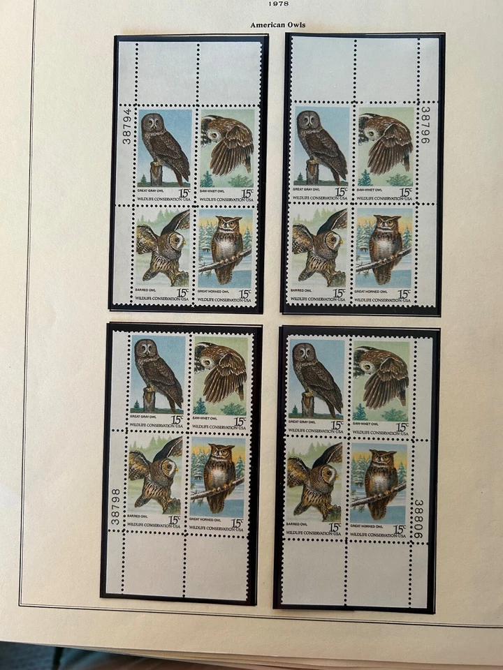US Stamps SC# 1760-1763 Owls 15c PB's of 4 corners same PB# MNH 1978 - Image 1 of 1