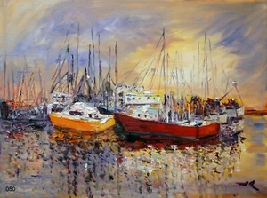 "Sunset Boats" # 050- Original Oil Painting by Julia Lu 18x24" - Picture 1 of 1