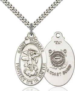 Sterling Silver St Michael Guardian Angel Coast Guard Military  Medal Necklace - Picture 1 of 1