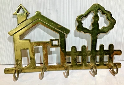 Llavero de montaje en pared de 5 ganchos de latón macizo vintage casa árbol cerca Foto 1 de 4