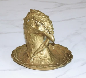 Turkey Head Vintage Ink Well Brass Gold Tone Hinge Lid Feathers Writing Old - Picture 1 of 24
