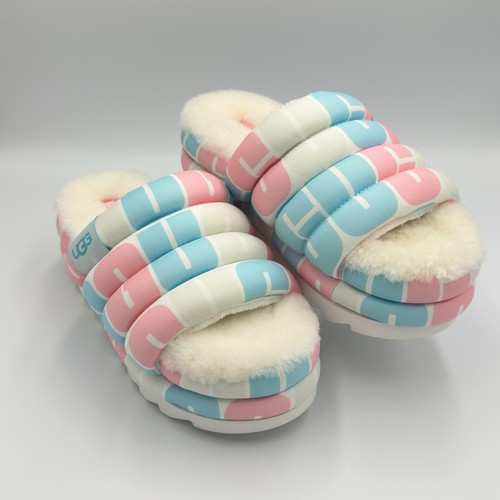 SANDALO UGG MAXI PRIDE SLIDE DONNA US 7 BIANCO ROSA BLU RASO PLATEAU LANA