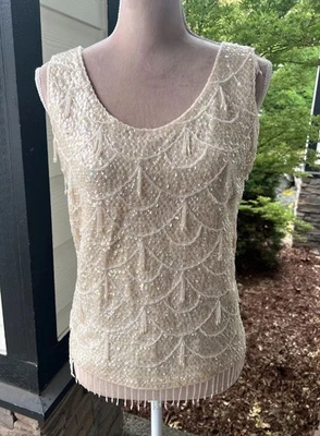 Vintage 1960s Sequin Hand Beaded  Ivory Wool Beaded Top 34 - Image 1 of 4