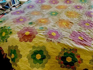 Grandmother's Flower Garden Feed Sack Quilt Top Unfinished Handstitched Cutter - Picture 1 of 8