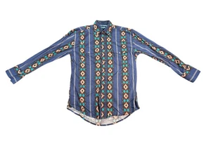 Wrangler Western Shirt Mens Medium Blue Aztec Southwest Snap Front Long Sleeve - Picture 1 of 13