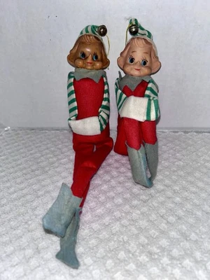 "Juego de 2 elfos abrazadores de rodilla con cara de goma de mediados de siglo, fieltro rojo, 12"" Japón" Foto 1 de 4