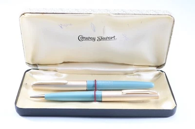 Vintage (c1963-74) Conway Stewart No. 107 Navy Grey & Satin Gold FP &MP (Cased) - Image 1 of 4