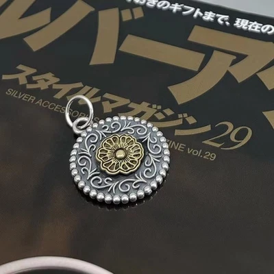 S925 Plata de Ley y Latón Flor Medallón Colgante Boho Pergamino Dije Foto 1 de 4