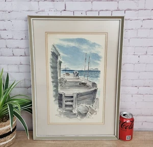 Pintura acuarela vintage, impresión muelle paseo marítimo, firmada J. Fiel, enmarcado - Imagen 1 de 23