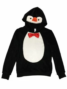 Junior Damen flauschiger schwarzer Pinguin Hoodie Kapuzenpullover Sweatshirt - Bild 1 von 1