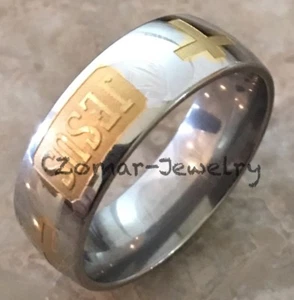 Edelstahlring "Jesus" Christliches Kreuz 14 Karat vergoldet Größen 6-13 - Bild 1 von 4
