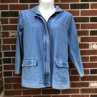 复古 Blassport 大号女式牛仔编舞夹克连帽口袋拉链 — 第 1/4 张图片