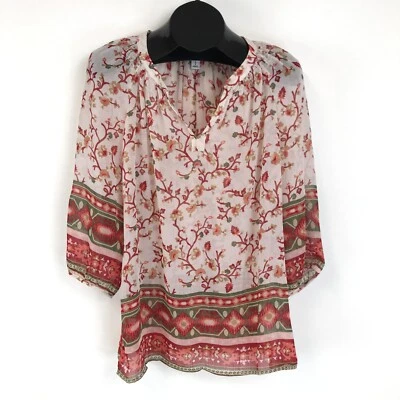 Old Navy 透明花卉波普尔上衣女式小号分领缩褶波西米亚 — 第 1/4 张图片