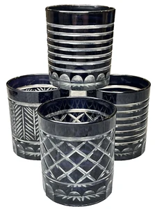 4 Stunning Japanese Edo Kiriko? Whisky Glass Cobalt Dark Plum Black Crystal - Picture 1 of 9