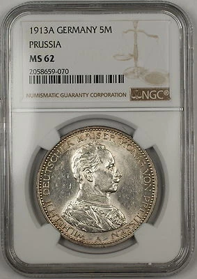 1913A Germany Prussia 5M Marks Silver Coin NGC MS-62 - Image 1 of 2