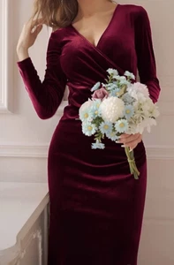 Women's V Neck Wrap Long Sleeve Elegant Mermaid Velvet Cocktail Maxi Dress-S - Picture 1 of 4