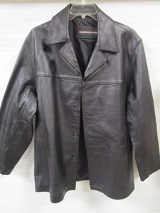 Leather Jacket Charles Klein Black Mid-Length Long Sleeve Size L Button - Picture 1 of 8