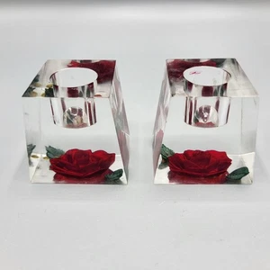 Vintage MCM Lucite Acrylic Candle Holders Embedded Red Roses Shelf Table Decor - Picture 1 of 12
