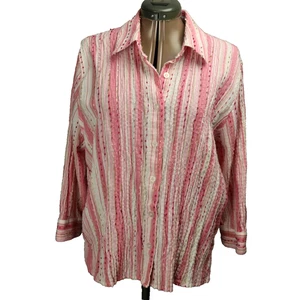 Breckenridge Striped Textured Dots 3/4 Sleeve Crinkle Button Up Shirt Pink L - Picture 1 of 23