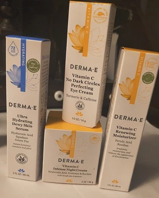 4 DERMA•E Products: 3 Eye Creams Night day & 2oz UltraHydrating Skin Serum - Image 1 of 4