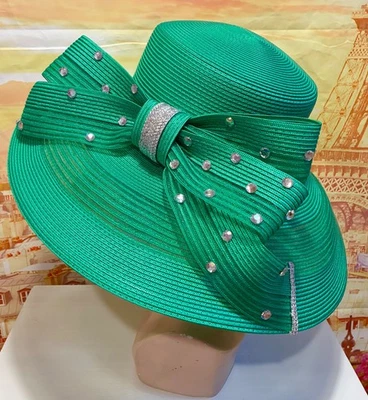 Divine Wide Brim Green Hat with Large Bow - Image 1 of 4