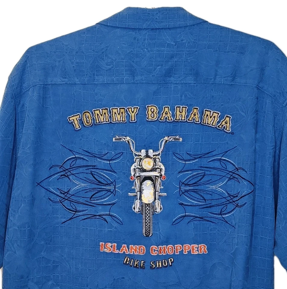 Camisa hawaiana de seda Tommy Bahama para hombre azul mediano bordada isla chopper motociclista Foto 1 de 4