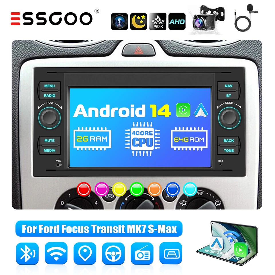 Für Ford Focus MK2 Transit MK7 2+64G Android 14 Carplay Autoradio GPS NAV Kamera - Bild 1 von 4