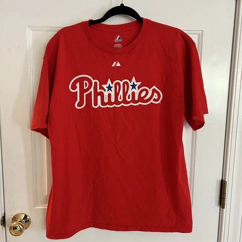 Chase Utley Jersey T Shirt Sz LARGE Mens Red Majestic Philadelphia Phillies #26 Cover