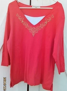 CAMICIA TOP CAMICETTA CORALLO TAGLIA 2X Colletta Abbellita con Perline di Legno CAROLYN TAYLOR - Foto 1 di 7