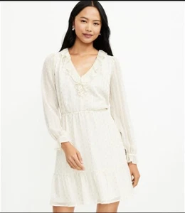 LOFT Off White Gold Shimmer Ruffled V-Neck Dress Long Sleeve - Women's Size M - Picture 1 of 19