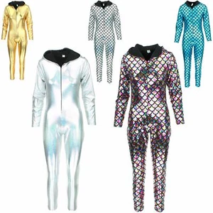 SHINY CATSUIT METALLIC JUMPSUIT hooded FESTIVAL FANCY DRESS PARTY PRIDE PLAYSUIT - Picture 1 of 11