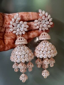Indian Rose Gold Plated Statment Jhumka Earrings AD CZ Bridal Jhumka Jewelry Set - Picture 1 of 6