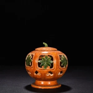 4.9" old antique tang sancai porcelain hollow out flower pattern pumpkin jar pot - Picture 1 of 9