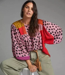 Anthropologie Miranda Peasant Blouse Bl-nk Boho Blank Spot Patchwork Sz XXS NEW - Picture 1 of 14