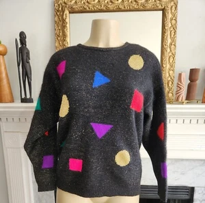 Vintage 80er Jahre schwarz Grafik Pullover Angora Lammwolle Metallic Dopamin Größe Large - Bild 1 von 4