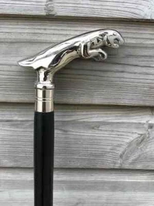 JAGUAR HEAD HANDLE WALKING STICK CANE SOLID WOODEN BLACK VINTAGE STYLE HANDMADE - Picture 1 of 5
