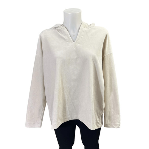 VETEMENTS Felpa con cappuccio pullover J.Jill beige morbido velluto a coste taglia Med Petite