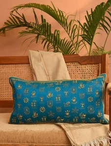 Folk lore in Blue Kantha embroidered Cushion cover 14"x26", rectangle, - Picture 1 of 5