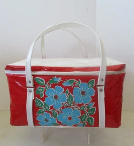 Vintage 1970s Insulated Ice Cooler Bag Red Blue Flowers Zipper Tote Handle New - Picture 1 of 20