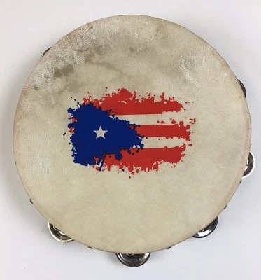 5D2 Tambourine/Pandereta-10” Goat Skin With Puerto Rico Flag, Single Row Of Jingles,