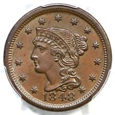 1848 N-10 R-3 PCGS MS 62 BN CAC Braided Hair Large Cent Coin 1c