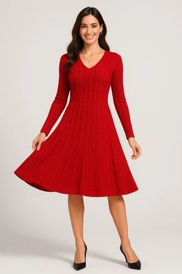 NWT Jessica Howard Sweater Dress L Red Cable Knit Fit Flare Holiday Christmas - Image 1 of 4